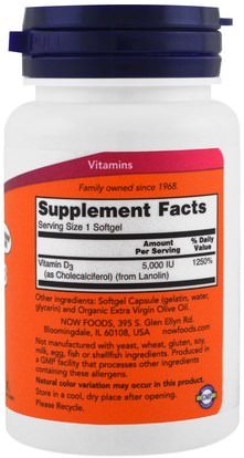 الفيتامينات، فيتامين d3 Now Foods, Vitamin D-3, 5,000 IU, 240 Softgels