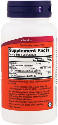 الفيتامينات، فيتامين d3 Now Foods, Vitamin D-3 & K-2, 1,000 IU / 45 mcg, 120 Veg Capsules