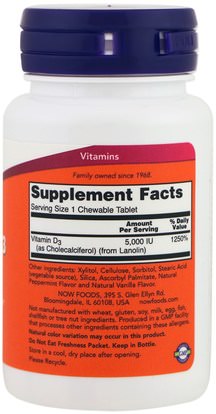 الفيتامينات، فيتامين d3 Now Foods, Vitamin D-3, Natural Mint Flavor, 5,000 IU, 120 Chewables