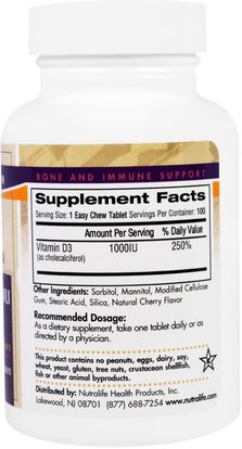 الفيتامينات، فيتامين d3 NutraLife, Vitamin D3, 1000 IU, 100 Easy Chew Tablets