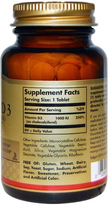 الفيتامينات، فيتامين d3 Solgar, Vitamin D3 (Cholecalciferol), 1000 IU, 180 Tablets