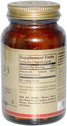 الفيتامينات، فيتامين d3 Solgar, Vitamin D3 (Cholecalciferol), 2200 IU, 100 Vegetable Capsules