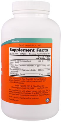الفيتامينات، فيتامين d3، المكملات الغذائية، المعادن Now Foods, Calcium & Magnesium, with Vitamin D-3 and Zinc, 240 Softgels