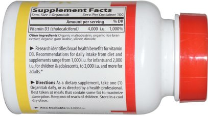 الفيتامينات، فيتامين d3 Vibrant Health, Vitamin D3, 4,000 I.U., 100 OrganiTabs