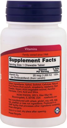الفيتامينات، فيتامين d3، فيتامين a & d Now Foods, Chewable Vitamin D-3, Natural Fruit Flavor, 1,000 IU, 180 Chewables