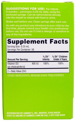 الفيتامينات، فيتامين d3، فيتامين d3 السائل، صحة الطفل، الطفل، الرضع المكملات الغذائية Zarbees, Naturals, Baby, Vitamin D, 0.47 fl oz (14 ml)