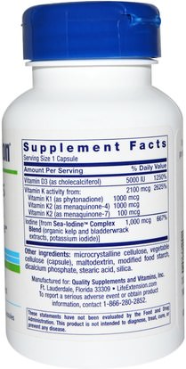 الفيتامينات، فيتامين d3، فيتامين k Life Extension, Vitamins D and K, with Sea-Iodine, 60 Capsules