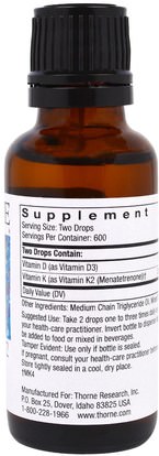 الفيتامينات، فيتامين d3، فيتامين k Thorne Research, Vitamin D/K2, 1 fl oz (30 ml)