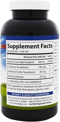 الفيتامينات، فيتامين e، 100٪ فيتامين ه الطبيعي Carlson Labs, E-Gems Elite, Natural Vitamin E, 400 IU, 240 Soft Gels