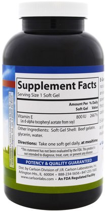 الفيتامينات، فيتامين e، 100٪ فيتامين ه الطبيعي Carlson Labs, E-Gems, Natural Vitamin E, 800 IU, 250 Softgels