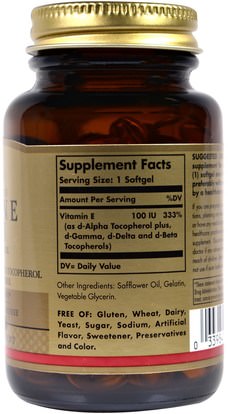 الفيتامينات، فيتامين e Solgar, Natural Vitamin E, 100 IU, d-Alpha Tocopherol & Mixed Tocopherols, 100 Softgels