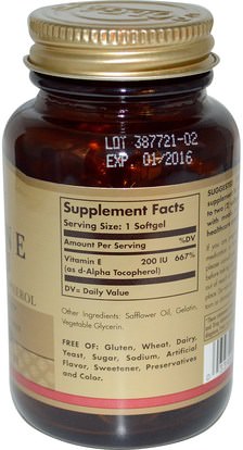 الفيتامينات، فيتامين e Solgar, Natural Vitamin E, 200 IU, Pure d-Alpha Tocopherol, 100 Softgels