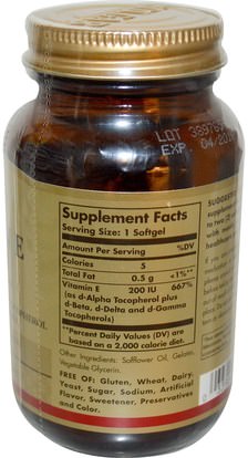 الفيتامينات، فيتامين e Solgar, Natural Vitamin E, 200 IU, d-Alpha Tocopherol & Mixed Tocopherols, 100 Softgels