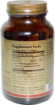 الفيتامينات، فيتامين e Solgar, Natural Vitamin E, 200 IU, d-Alpha Tocopherol & Mixed Tocopherols, 100 Vegetarian Softgels