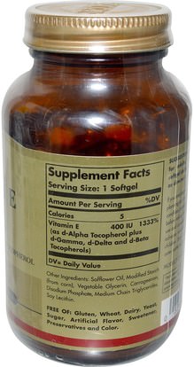الفيتامينات، فيتامين e Solgar, Natural Vitamin E, 400 IU, d-Alpha Tocopherol & Mixed Tocopherols, 100 Vegetarian Softgels
