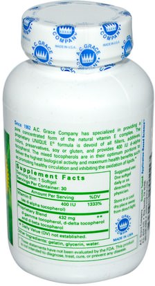 الفيتامينات، فيتامين e، فيتامين e مختلطة توكوفيرولز A.C. Grace Company, Unique E, 30 Softgels
