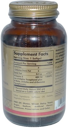 الفيتامينات، فيتامين e، فيتامين e مختلطة توكوفيرولز Solgar, Natural Vitamin E, 400 IU, d-Alpha Tocopherol & Mixed Tocopherols 100 Softgels