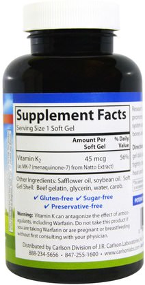 الفيتامينات، فيتامين k Carlson Labs, Vitamin K2 MK-7 (Menaquinone-7), 45 mcg, 180 Soft Gels