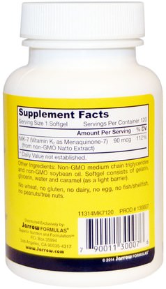 الفيتامينات، فيتامين k Jarrow Formulas, MK-7, Vitamin K2 as MK-7, 90 mcg, 120 Softgels