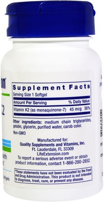 الفيتامينات، فيتامين k Life Extension, Low Dose Vitamin K2 (MK-7), 45 mcg, 90 Softgels