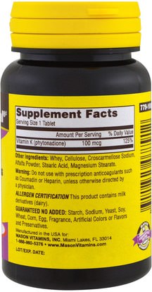 الفيتامينات، فيتامين k Mason Naturals, Vitamin K, 100 mcg, 100 Tablets