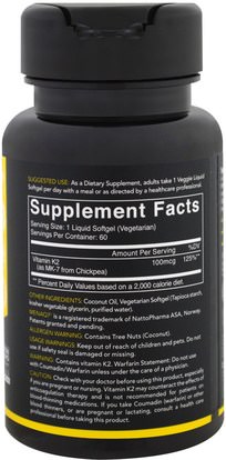 الفيتامينات، فيتامين k Sports Research, Vitamin K2, 100 mcg, 60 Veggie Softgels