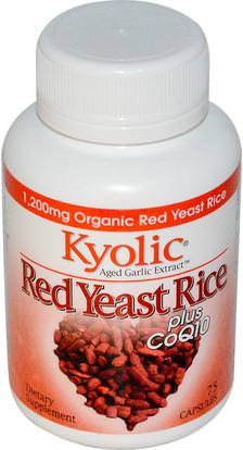 Wakunaga - Kyolic, Aged Garlic Extract, Red Yeast Rice, Plus CoQ10, 75 Capsules ,والمكملات الغذائية، والمضادات الحيوية والثوم والصحة ودعم الكوليسترول والأرز الخميرة الحمراء + أنزيم q10