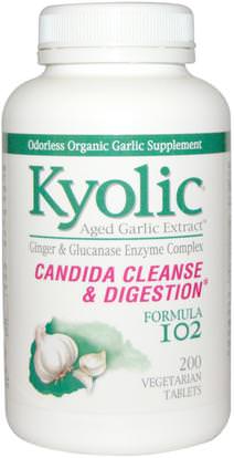 Wakunaga - Kyolic, Aged Garlic Extract, Candida Cleanse & Digestion, Formula 102, 200 Vegetarian Tabs ,المكملات الغذائية، المضادات الحيوية، الثوم
