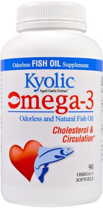 Wakunaga - Kyolic, Omega-3, Aged Garlic Extract, Cholesterol & Circulation, 90 Omega-3 Softgels ,Herb-sa
