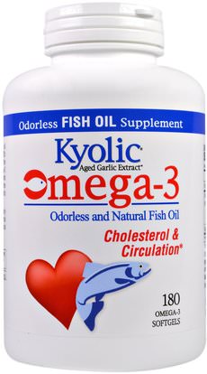 Wakunaga - Kyolic, Omega - 3, Odorless and Natural Fish Oil, 180 Omega-3 Softgels ,Herb-sa