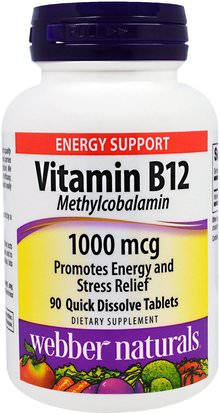 Webber Naturals, Vitamin B12, Methylcobalamin, 1000 mcg, 90 Quick Dissolve Tablets ,الفيتامينات، فيتامين ب، فيتامين b12، فيتامين b12 - ميثيلكوبالامين، المكملات الغذائية