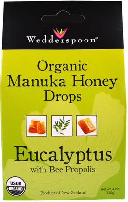 Wedderspoon, Organic Manuka Honey Drops, Eucalyptus with Bee Propolis, 4 oz (120 g) ,والصحة، والرئة والقصبات الهوائية، والسعال قطرات