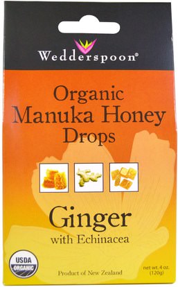 Wedderspoon, Organic Manuka Honey Drops, Ginger with Echinacea, 4 oz (120 g) ,والصحة، والرئة والقصبات الهوائية، والسعال قطرات