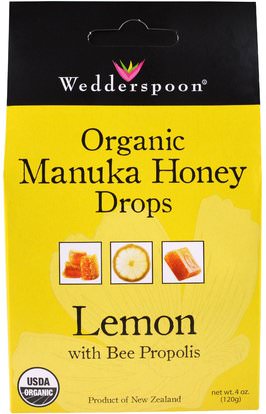 Wedderspoon, Organic Manuka Honey Drops, Lemon With Bee Propolis, 4 oz (120 g) ,والصحة، والرئة والقصبات الهوائية، والسعال قطرات
