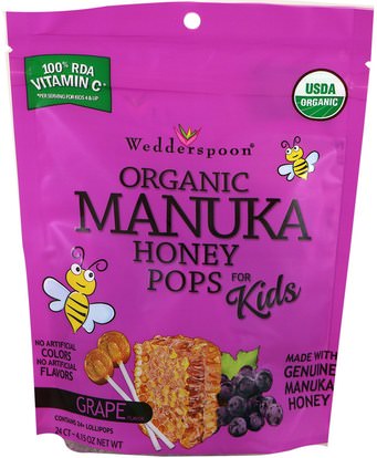 Wedderspoon, Organic Manuka Honey Pops For Kids, Grape, 24 Count, 4.15 oz ,الطعام، الوجبات الخفيفة، الحلوى