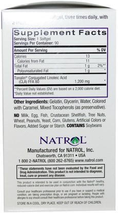 وفقدان الوزن، والنظام الغذائي، كلا (مترافق حمض اللينوليك) Natrol, Tonalin CLA with Safflower Oil, 90 Softgels