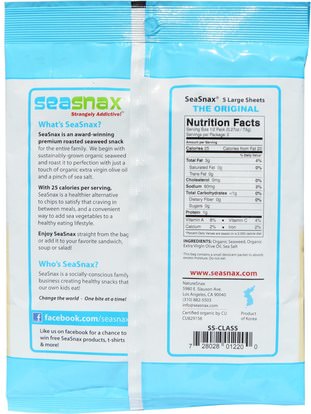 وفقدان الوزن، والنظام الغذائي، باليو حمية المنتجات / الأطعمة والوجبات الخفيفة SeaSnax, Organic Premium Roasted Seaweed Snack, Original, 0.54 oz (15 g)