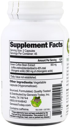 وفقدان الوزن، والنظام الغذائي، وإدارة الوزن Genesis Today, Green Coffee Bean, 90 Veggie Caps