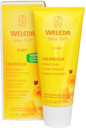 Weleda, Baby Body Cream, Calendula, 2.5 fl oz (75 ml) ,حمام، الجمال، غسول الجسم، تجميل الوجه، إعترض، سونبورن شمس، تعهد، كالندولا