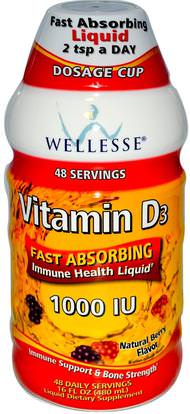 Wellesse Premium Liquid Supplements, Vitamin D3, Natural Berry Flavor, 1000 IU, 16 fl oz (480 ml) ,الفيتامينات، فيتامين d3، فيتامين d3 السائل