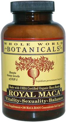 Whole World Botanicals, Royal Maca, 500 mg, 180 Gel Caps ,المكملات الغذائية، أدابتوغين، الرجال، ماكا