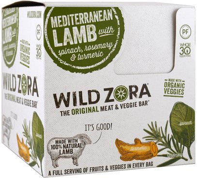 Wild Zora Foods LLC, Meat & Veggie Bar, Mediterranean Lamb with Spinach, Rosemary & Turmeric, 10 Packs, 1.0 oz (28 g) Each ,الطعام، الفاكهة المجفوفة، الوجبات الخفيفة