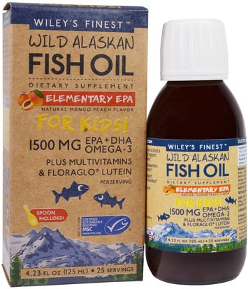 Wileys Finest, Wild Alaskan Fish Oil, Elementary EPA, For Kids!, Natural Mango Peach Flavor, 1500 mg, 4.23 fl oz (125 ml) ,المكملات الغذائية، إيفا أوميجا 3 6 9 (إيبا دا)، دا، إيبا، زيت السمك السائل