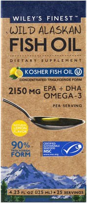 Wileys Finest, Wild Alaskan Fish Oil, Kosher Fish Oil, Natural Lemon Flavor, 4.23 fl oz (125 ml) ,المكملات الغذائية، إيفا أوميجا 3 6 9 (إيبا دا)، دا، إيبا