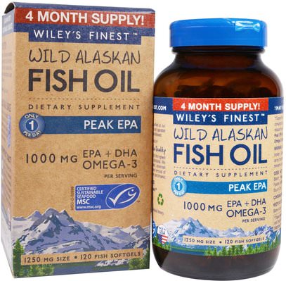 Wileys Finest, Wild Alaskan Fish Oil, Peak EPA, 1250 mg, 120 Fish Softgels ,المكملات الغذائية، إيفا أوميجا 3 6 9 (إيبا دا)، دا، إيبا، فيش أويل