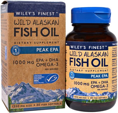 Wileys Finest, Wild Alaskan Fish Oil, Peak EPA, 1250 mg, 30 Fish Softgels ,المكملات الغذائية، إيفا أوميجا 3 6 9 (إيبا دا)، دا، إيبا، فيش أويل