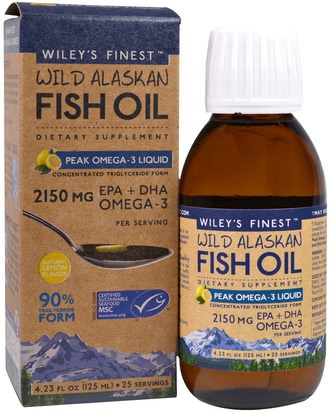 Wileys Finest, Wild Alaskan Fish Oil, Peak Omega-3 Liquid, Natural Lemon Flavor, 2150 mg, 4.23 fl oz (125 ml) ,المكملات الغذائية، إيفا أوميجا 3 6 9 (إيبا دا)، زيت السمك السائل