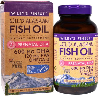 Wileys Finest, Wild Alaskan Fish Oil, Prenatal DHA, 600 mg, 180 Fish Softgels ,المكملات الغذائية، إيفا أوميجا 3 6 9 (إيبا دا)، دا، إيبا، هيلث، بريغنانسي