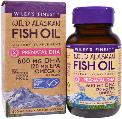 Wileys Finest, Wild Alaskan Fish Oil, Prenatal DHA, 600 mg, 60 Fish Softgels ,المكملات الغذائية، إيفا أوميجا 3 6 9 (إيبا دا)، دا، إيبا، فيش أويل