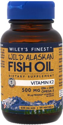 Wileys Finest, Wild Alaskan Fish Oil, Vitamin K2, 60 Fish Oil Softgels ,المكملات الغذائية، إيفا أوميجا 3 6 9 (إيبا دا)، زيت السمك